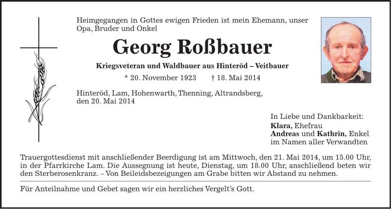 Traueranzeige Georg Roßbauer