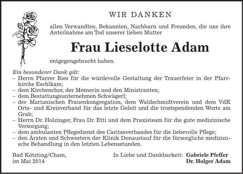 Traueranzeige Lieselotte Adam