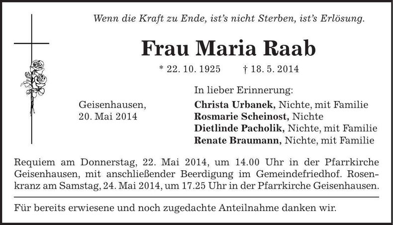 Traueranzeige Maria Raab