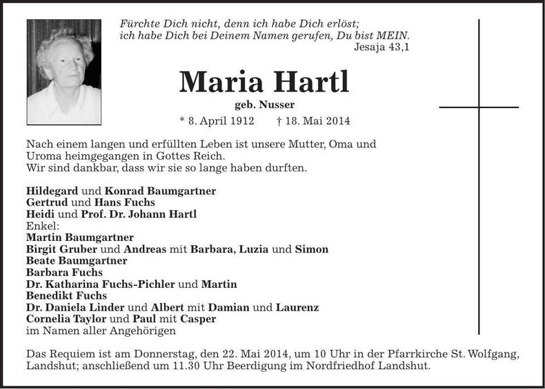 Traueranzeige Maria Hartl