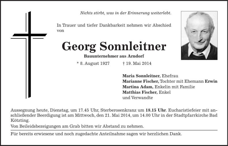 Traueranzeige Georg Sonnleitner
