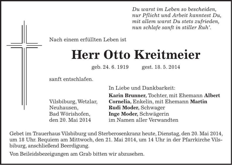 Traueranzeige Otto Kreitmeier