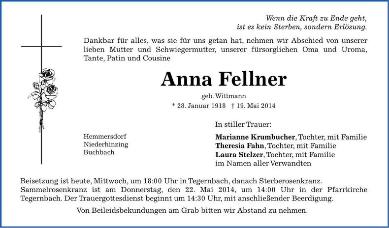 Traueranzeige Anna Fellner