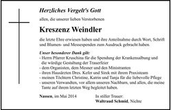 Traueranzeige Kreszenz Weindler