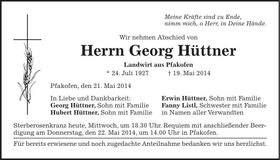 Traueranzeige Georg Hüttner