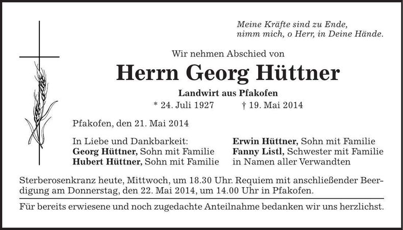 Traueranzeige Georg Hüttner