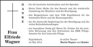 Traueranzeige Elfriede Wagner