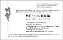 Traueranzeige Wilhelm Klein