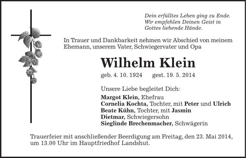 Traueranzeige Wilhelm Klein