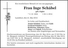 Traueranzeige Inge Schäbel