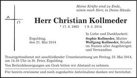Traueranzeige Christian Kollmeder