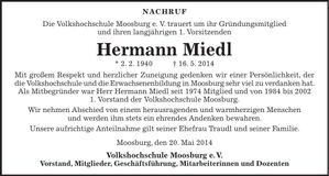 Traueranzeige Hermann Miedl