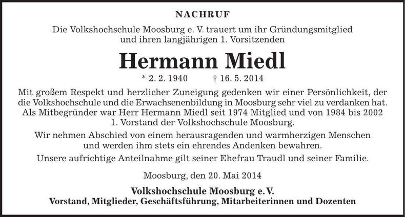 Traueranzeige Hermann Miedl