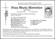 Traueranzeige Hirtreiter Maria