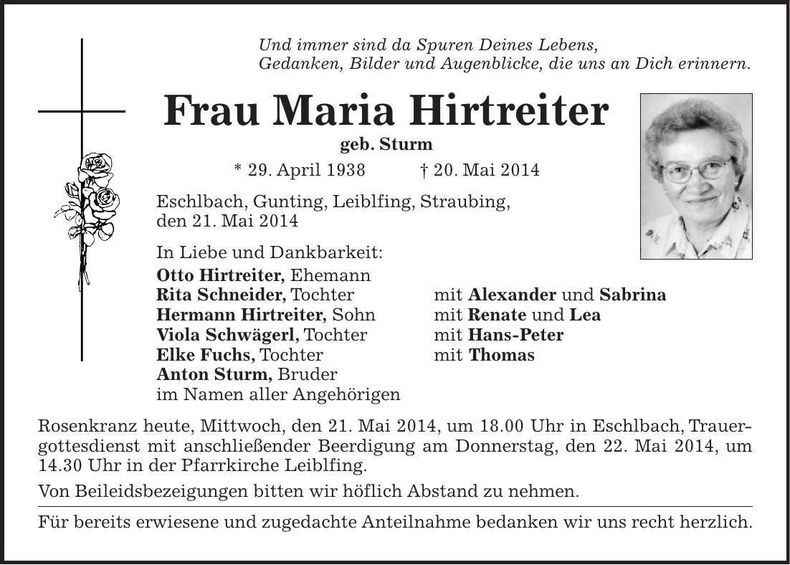 Traueranzeige Hirtreiter Maria