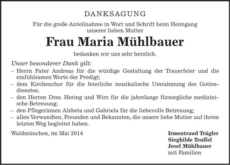 Traueranzeige Maria Mühlbauer
