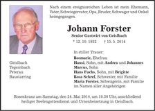 Traueranzeige Johann Forster