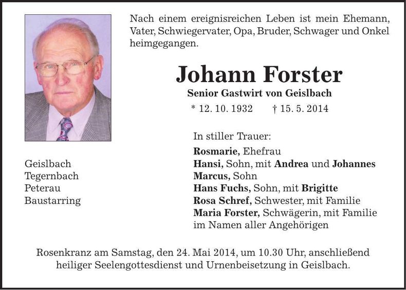 Traueranzeige Johann Forster