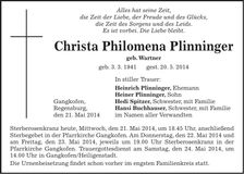 Traueranzeige Christa Philomena Plinninger
