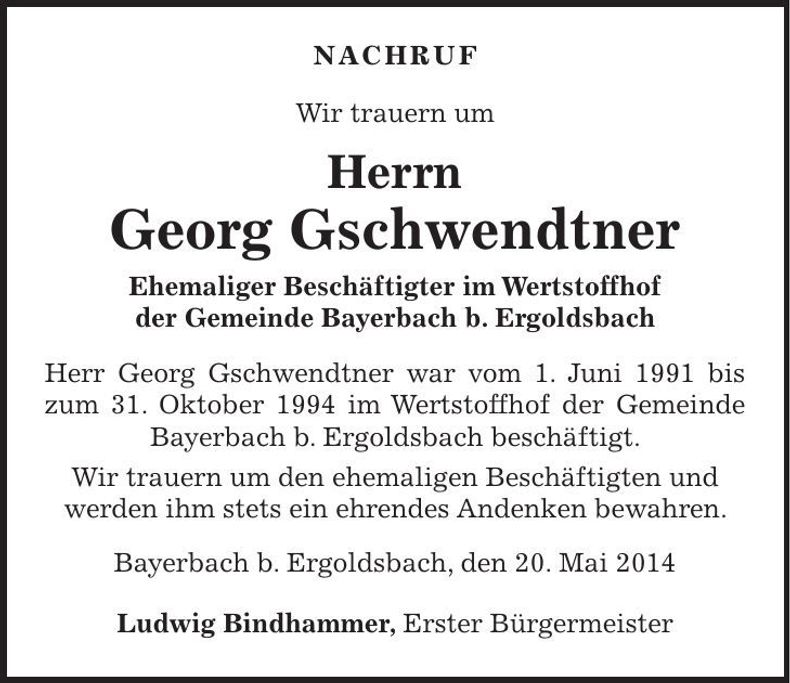 Traueranzeige Georg Gschwendtner