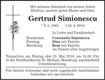 Traueranzeige Gertrud Simionescu