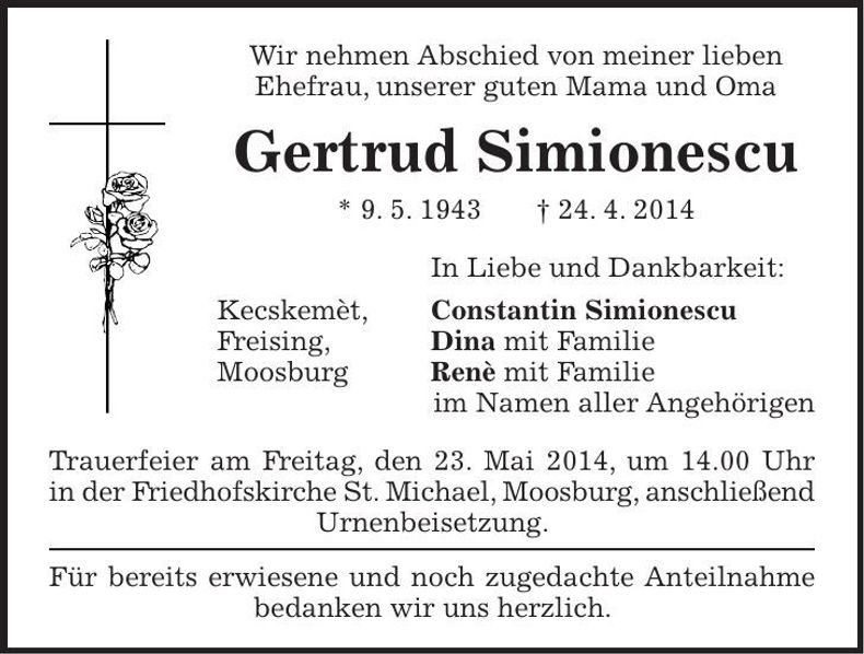 Traueranzeige Gertrud Simionescu