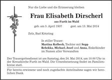 Traueranzeige Elisabeth Dirscherl