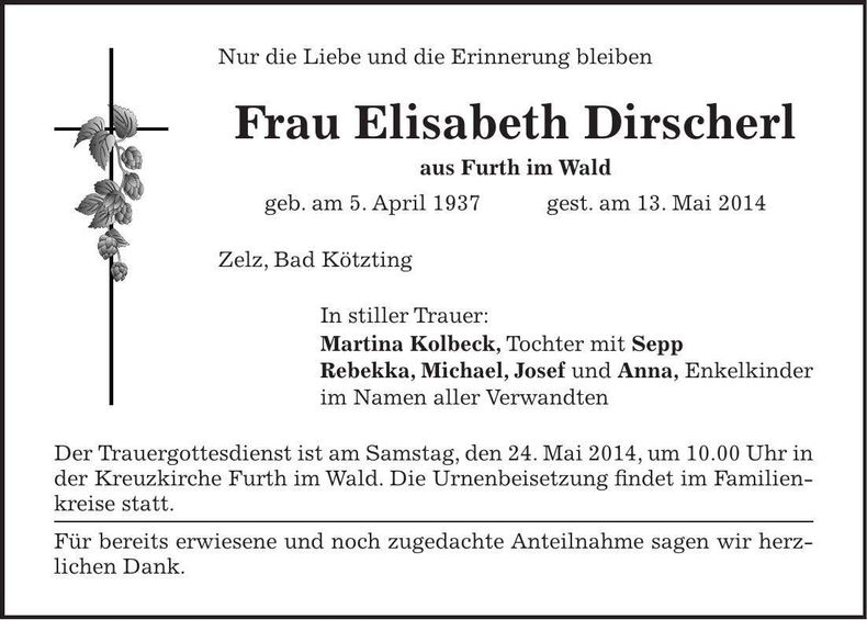 Traueranzeige Elisabeth Dirscherl