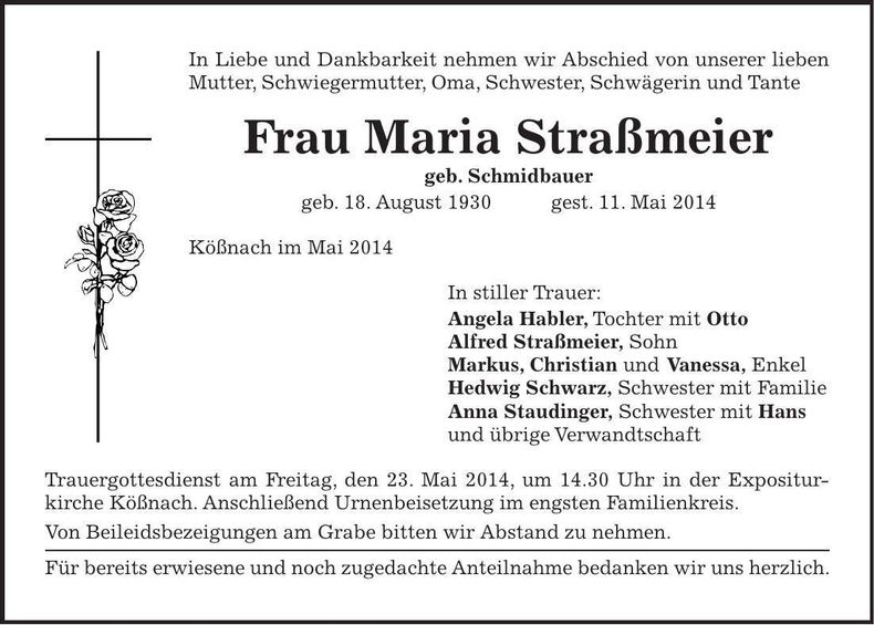 Traueranzeige Maria Straßmeier