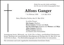 Traueranzeige Alfons Ganger
