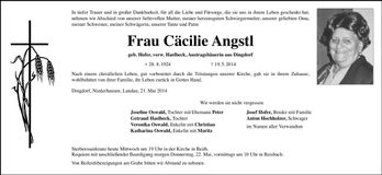 Traueranzeige Cäcilie Angstl