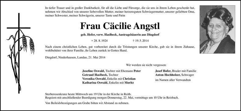 Traueranzeige Cäcilie Angstl