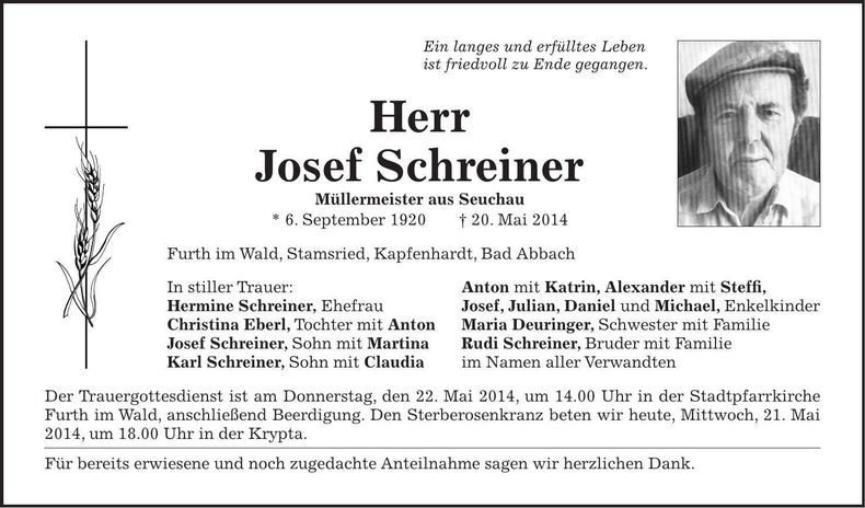 Traueranzeige Josef Schreiner
