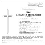 Traueranzeige Elisabeth Hofmeister
