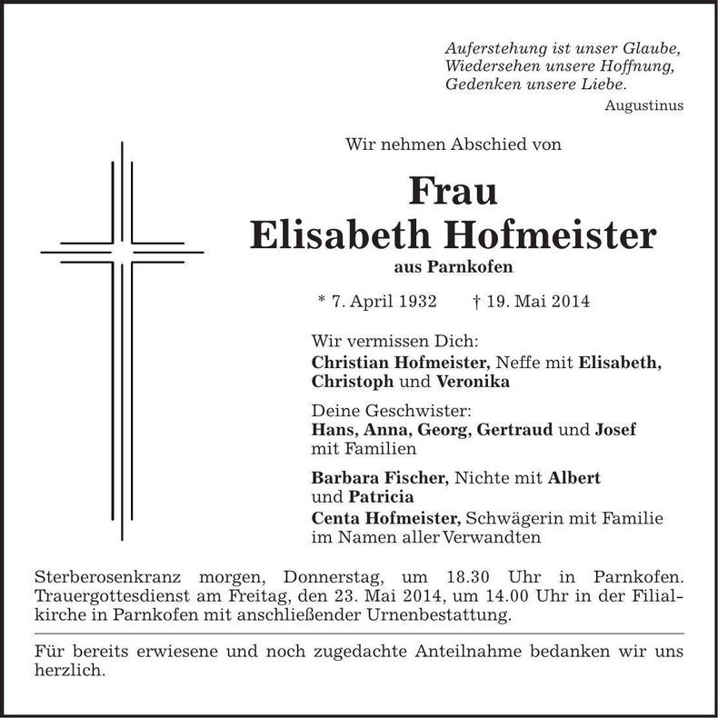 Traueranzeige Elisabeth Hofmeister