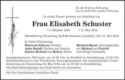 Traueranzeige Elisabeth Schuster