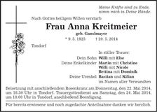 Traueranzeige Anna Kreitmeier