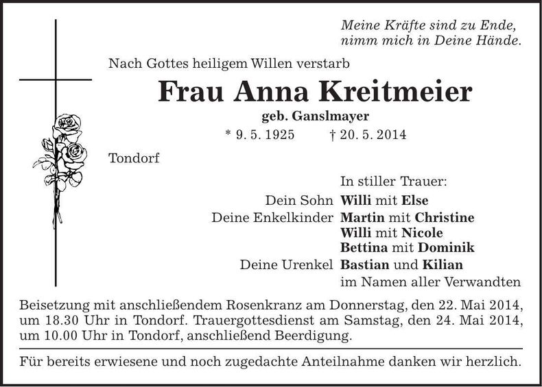 Traueranzeige Anna Kreitmeier
