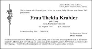 Traueranzeige Thekla Krabler