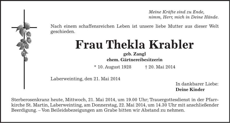 Traueranzeige Thekla Krabler