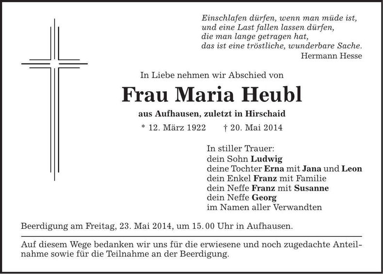 Traueranzeige Maria Heubl