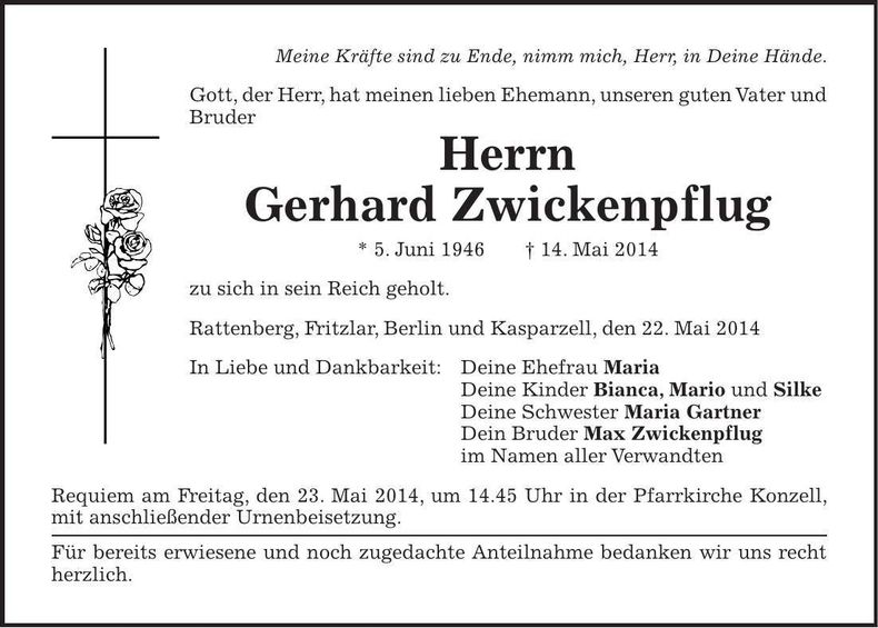 Traueranzeige Gerhard Zwickenpflug