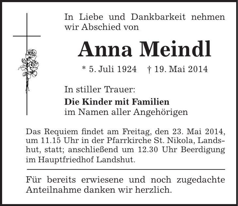Traueranzeige Anna Meindl