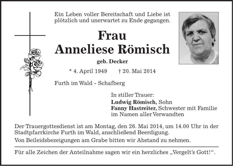 Traueranzeige Anneliese Römisch