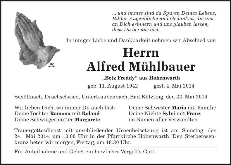 Traueranzeige Alfred Mühlbauer
