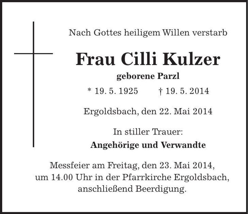 Traueranzeige Cilli Kulzer