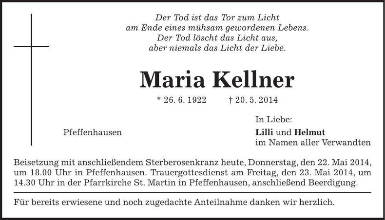 Traueranzeige Maria Kellner