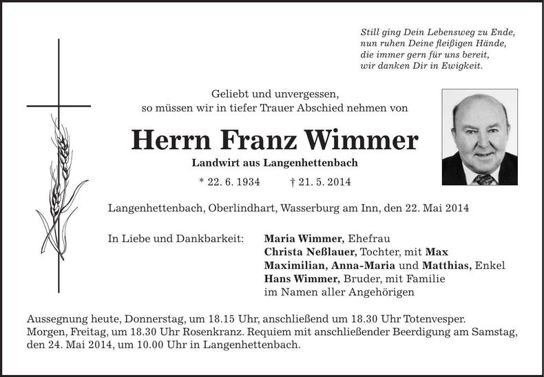 Traueranzeige Franz Wimmer