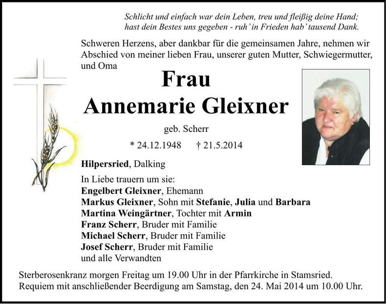 Traueranzeige Annemarie Gleixner