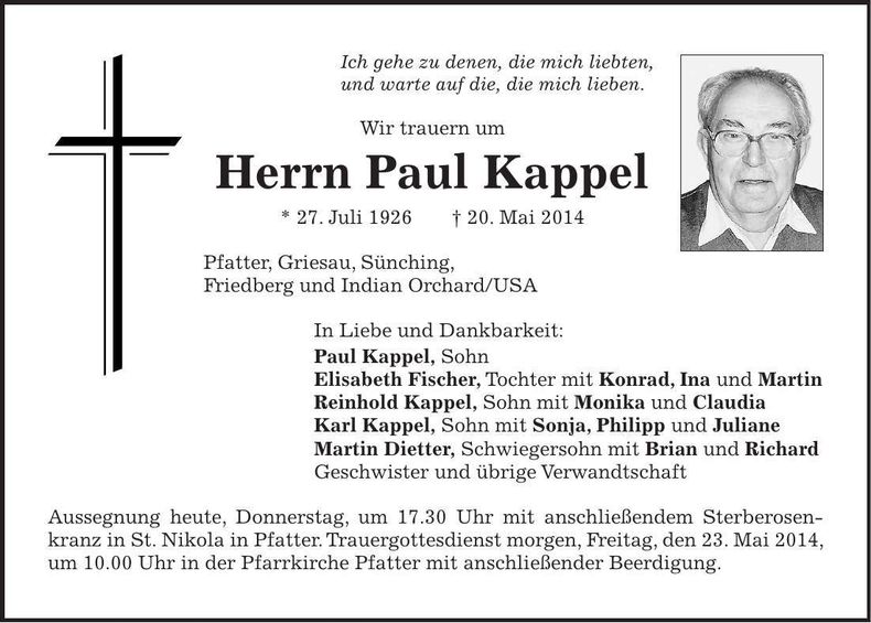 Traueranzeige Paul Kappel